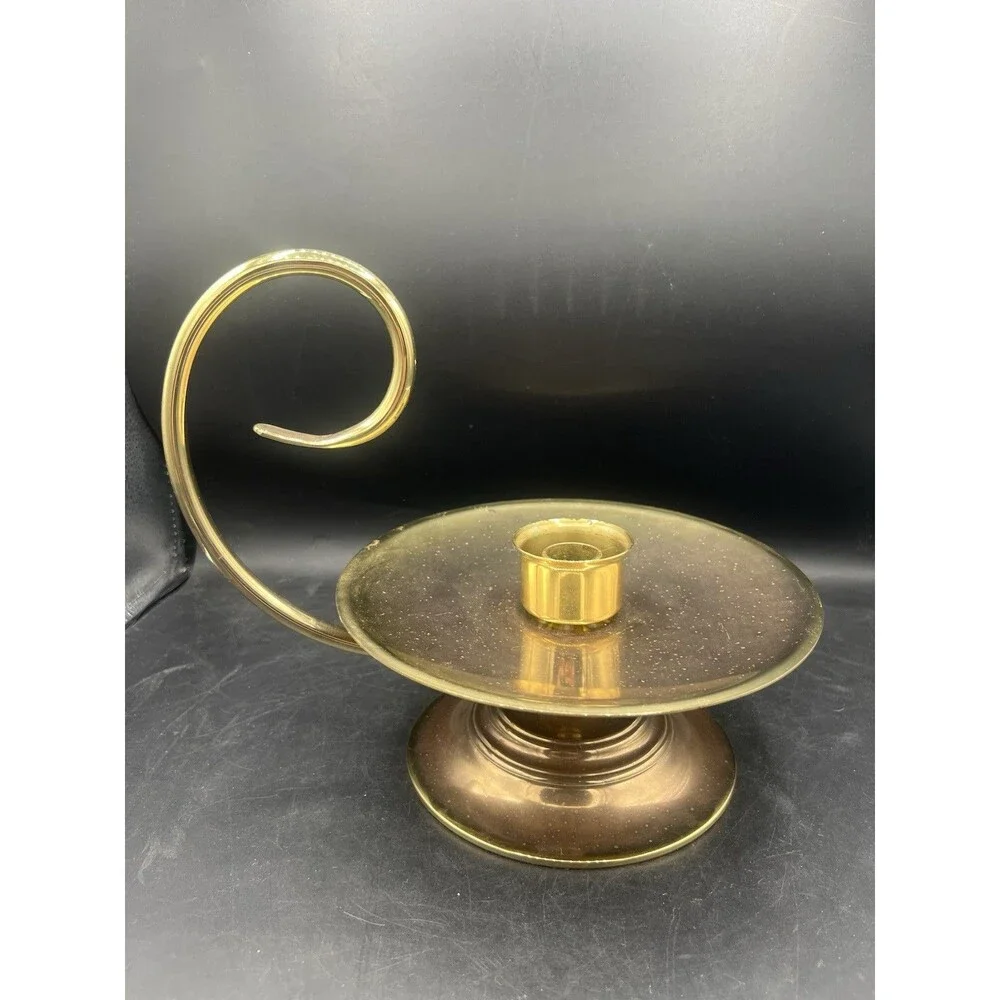Vtg Baldwin Brass Large Chamber Candlestick Candle Holder w/ Scroll Swirl Handle